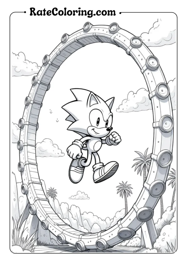 Sonic running through loop coloring page