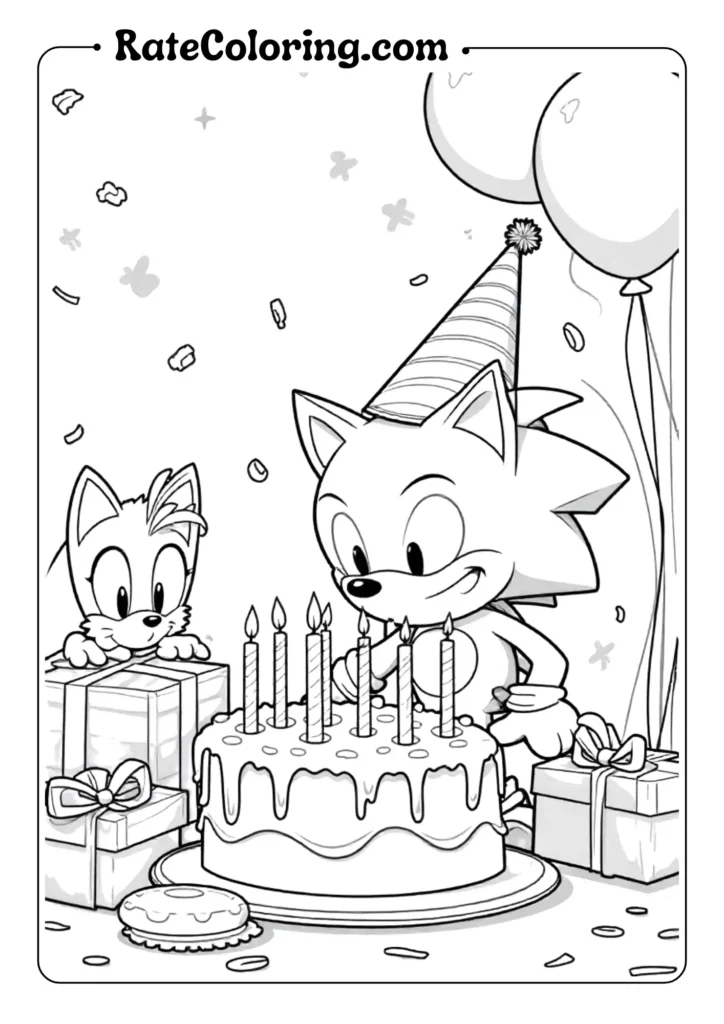 Sonic birthday party with Tails and cake coloring page