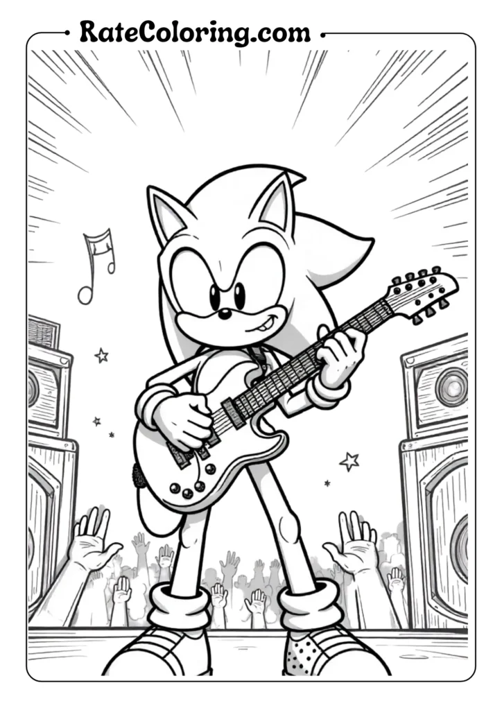 Sonic the Hedgehog playing electric guitar rock concert coloring page