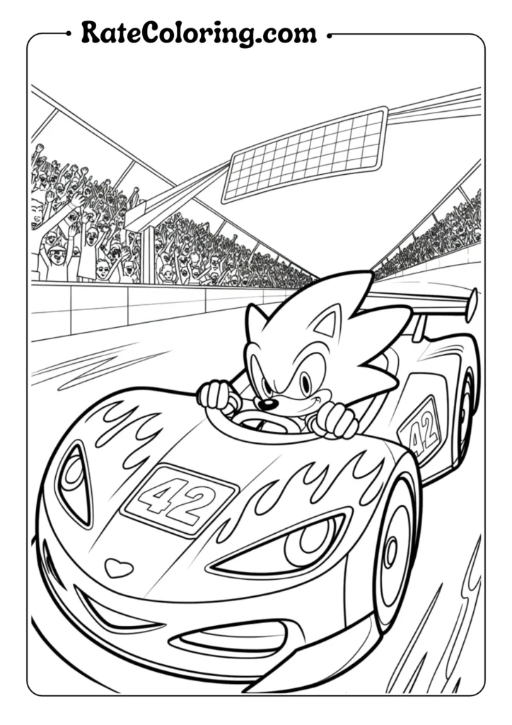 Sonic the Hedgehog driving race car with flame decals coloring page