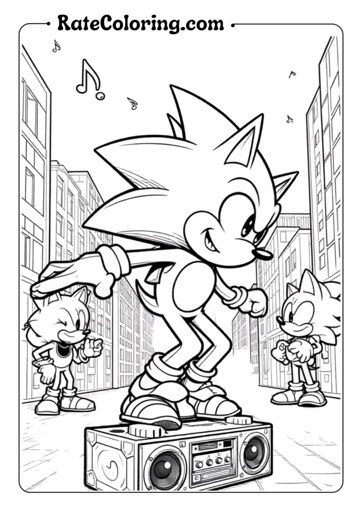 Sonic dancing on boombox coloring page