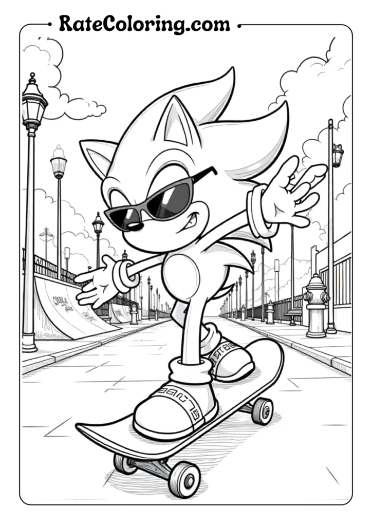 Sonic skateboarding in city street coloring page