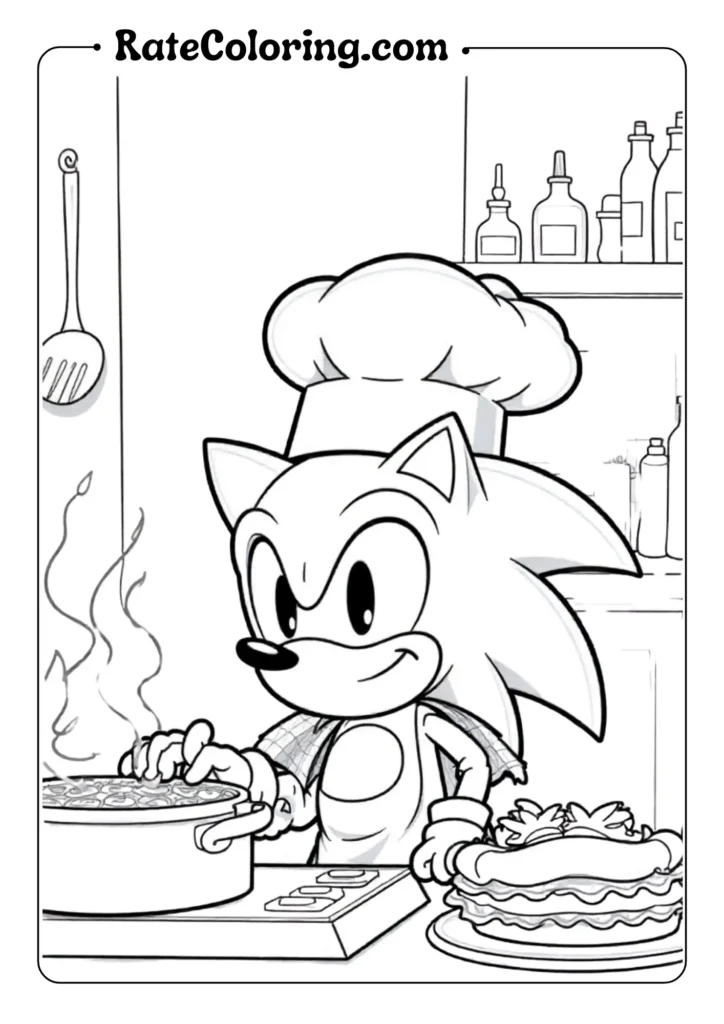 Sonic chef cooking in kitchen coloring page