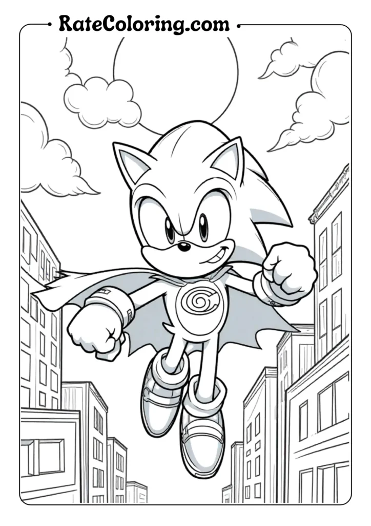 Sonic superhero flying over city coloring page