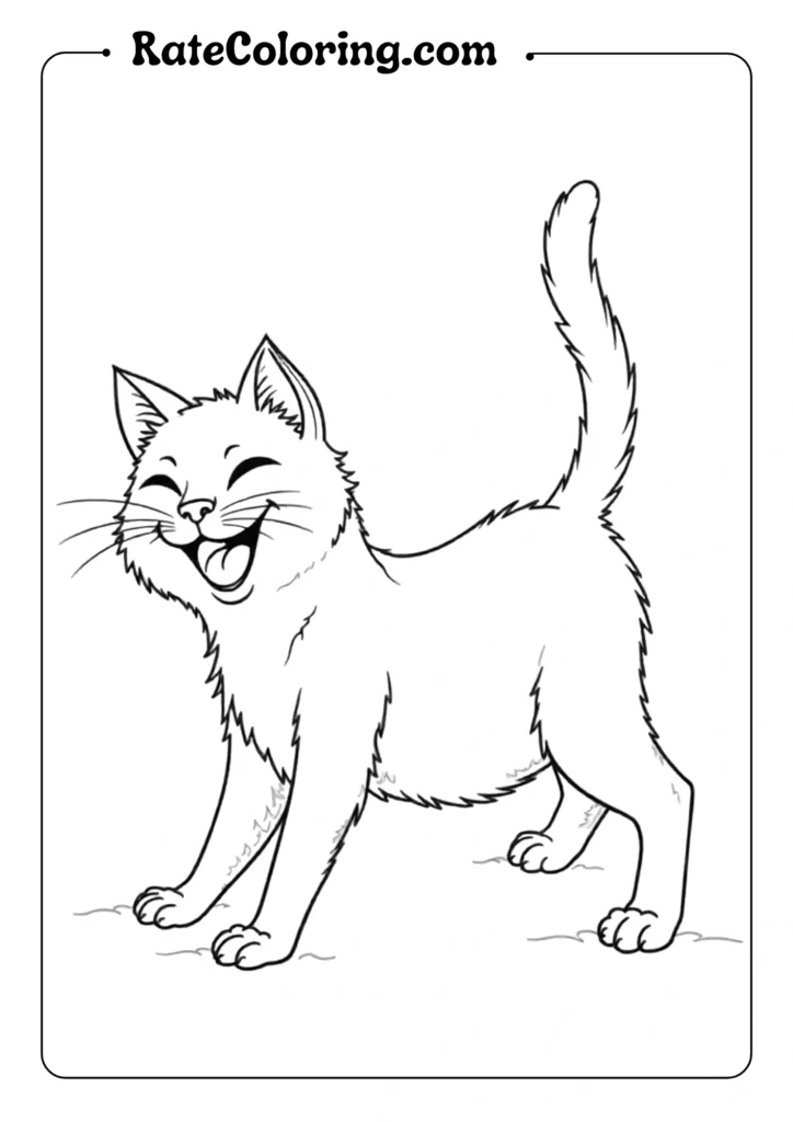 A cat in a full stretch position with front legs extended forward and rump raised high in the air (downward cat pose). Show the spine curve