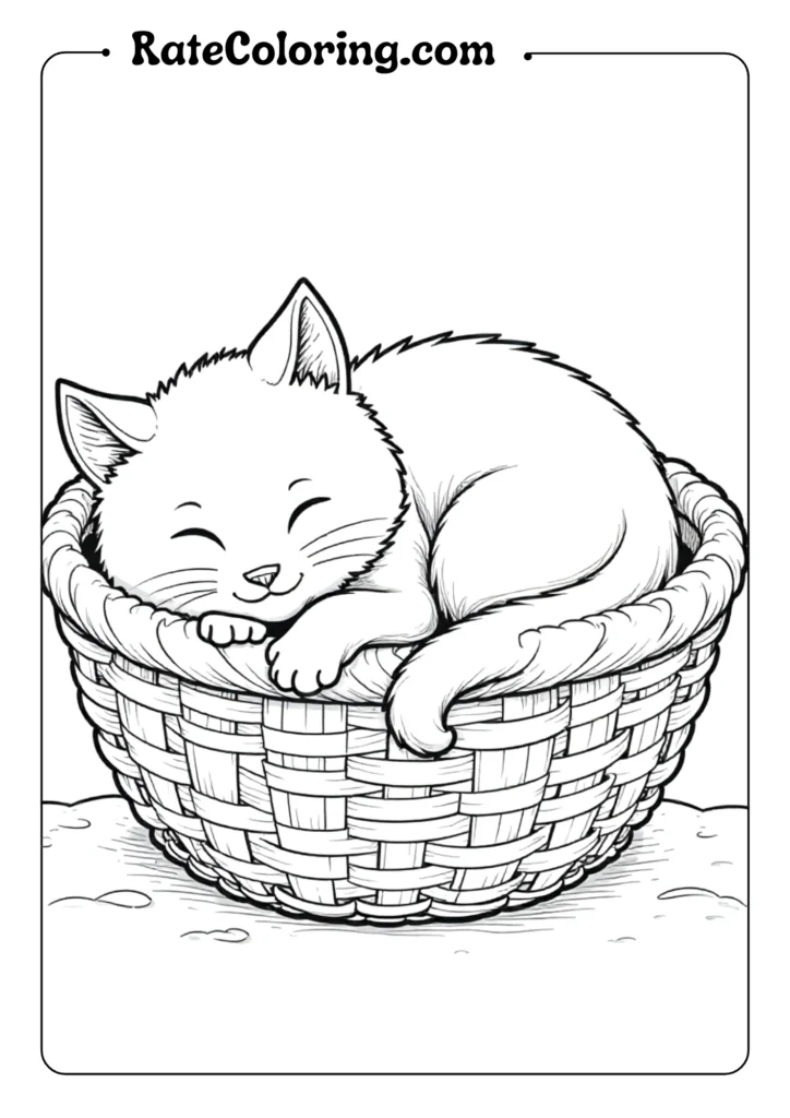 A content cat curled up sleeping inside a woven basket
