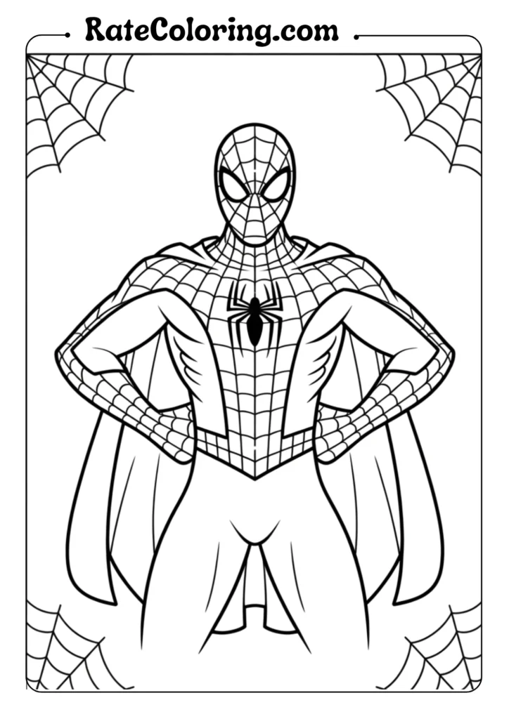Center the composition on Spiderman standing heroically with his chest puffed out
