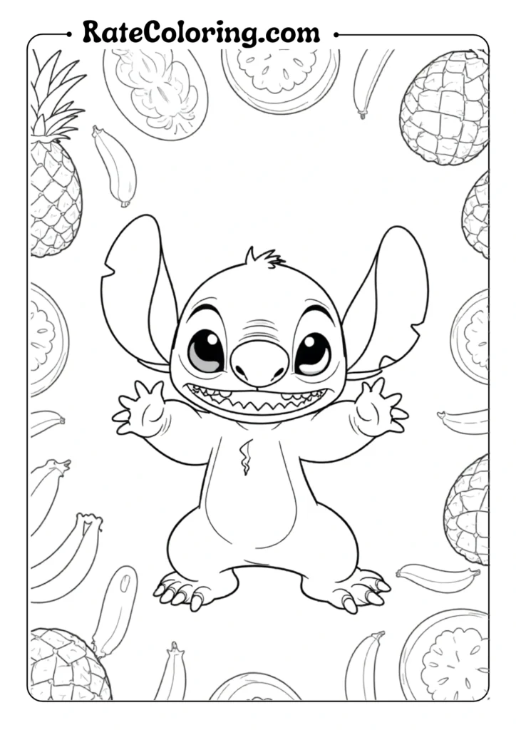 Create Stitch surrounded by and juggling various tropical fruits like pineapples