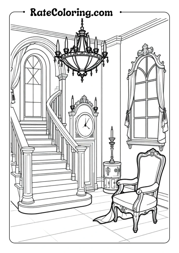 Gothic castle room scene with a grand staircase