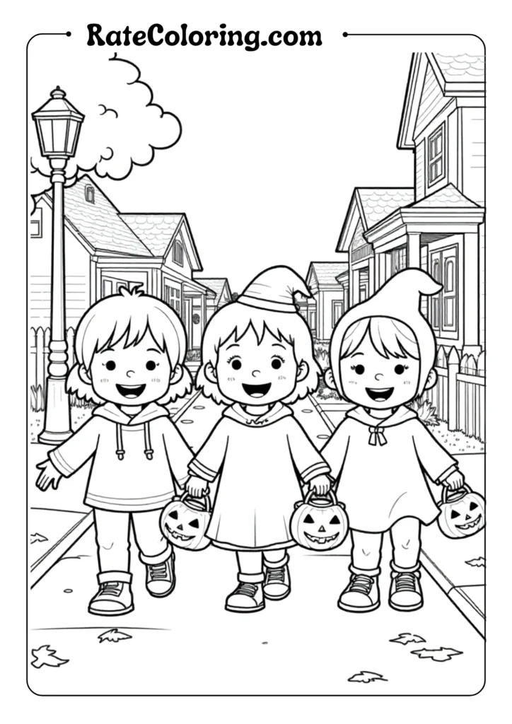 Halloween coloring pages featuring three happy children trick-or-treating in a suburban neighborhood