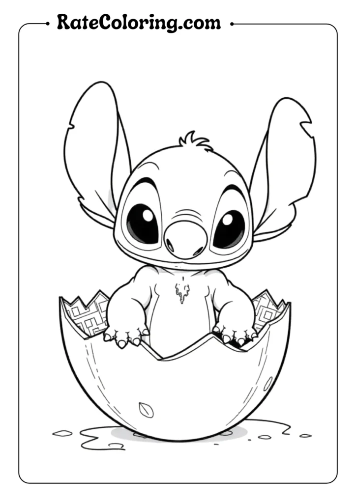 Create a scene of baby Stitch emerging from his egg pod