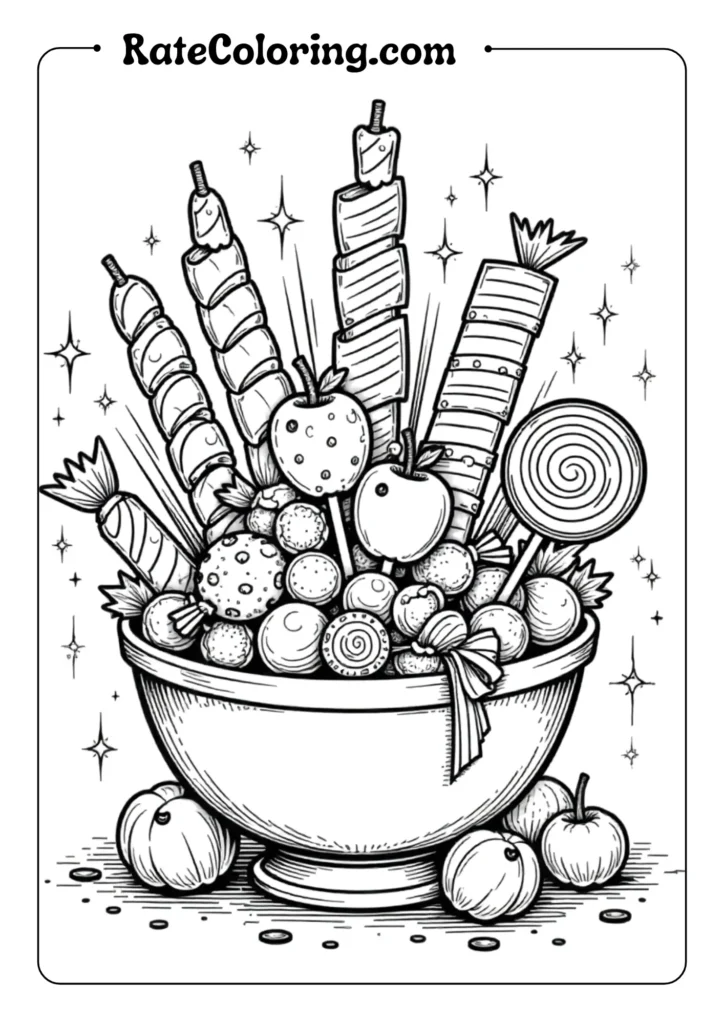 Elaborate arrangement of various Halloween candies and treats including lollipops