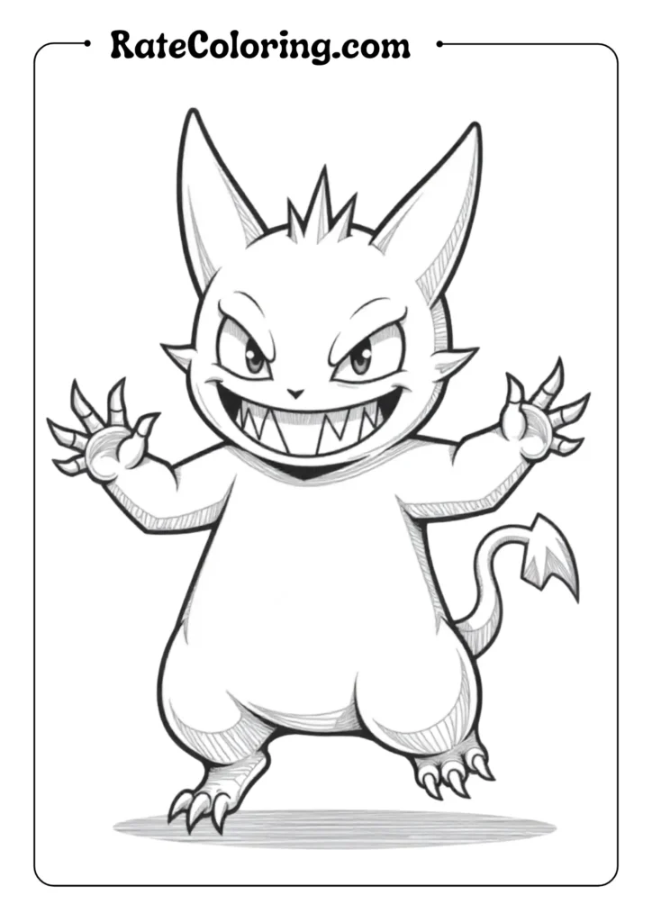 Create an outlined drawing of Gengar with wide mischievous grin showing pointed teeth