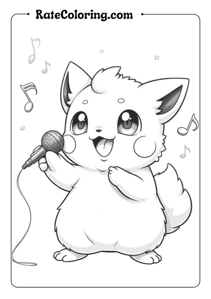 Create an outlined drawing of Jigglypuff with microphone in hand