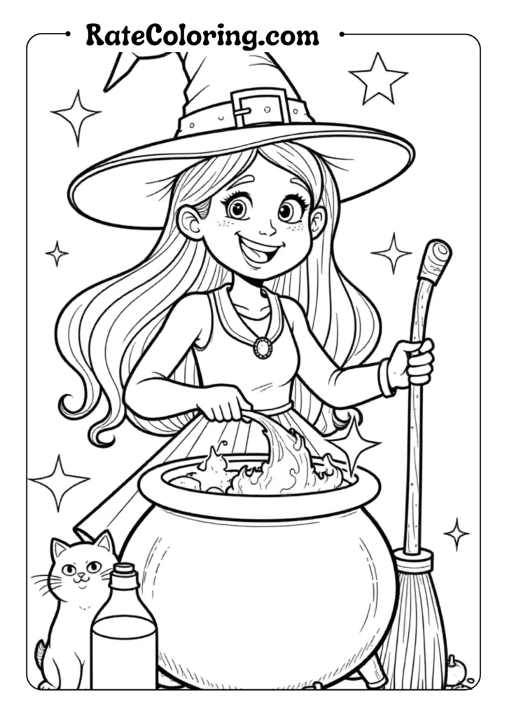 Outline illustration of a smiling witch with a tall pointed hat decorated with stars and a buckle