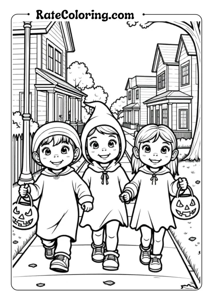 Three children in Halloween costumes trick-or-treating on a suburban street