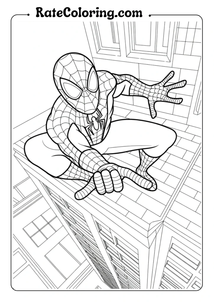 Center the composition on Spiderman standing heroically with his chest puffed out