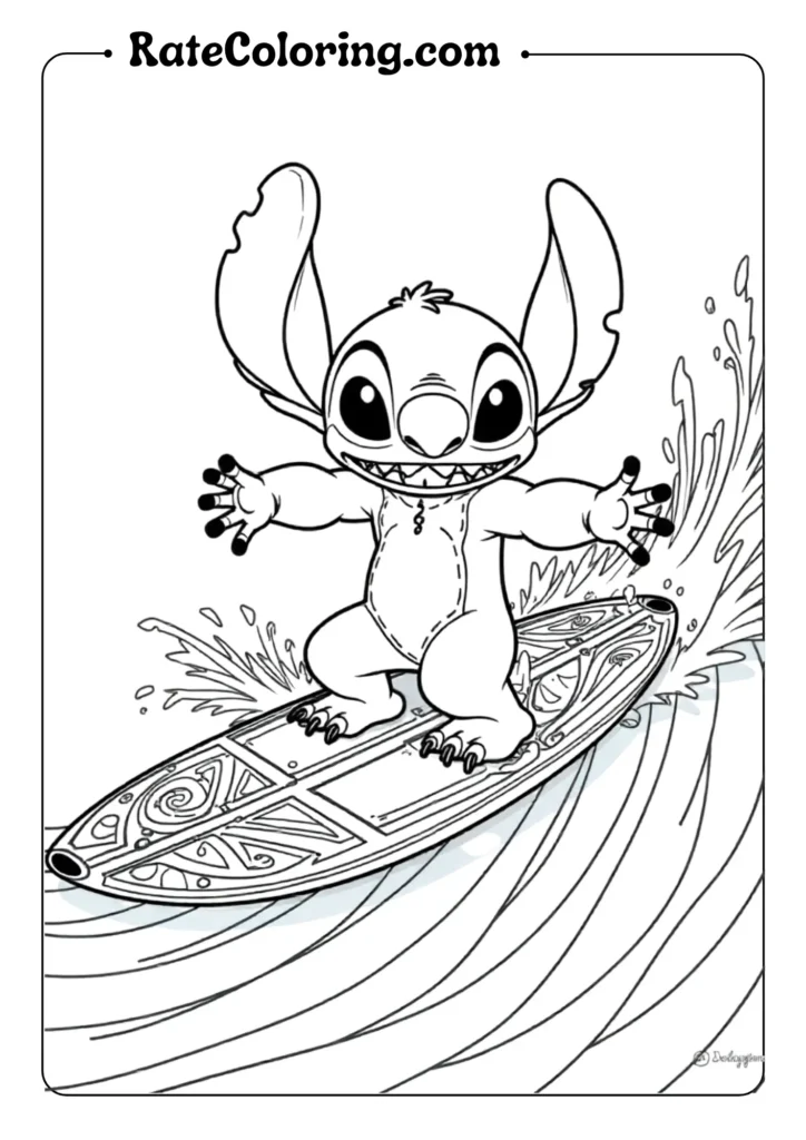 Design Stitch riding a decorative surfboard on a large wave