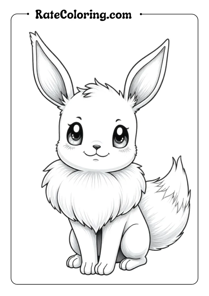 Design a charming outlined portrait of Eevee with its distinctive fluffy neck ruff prominently featured with zigzag fur lines