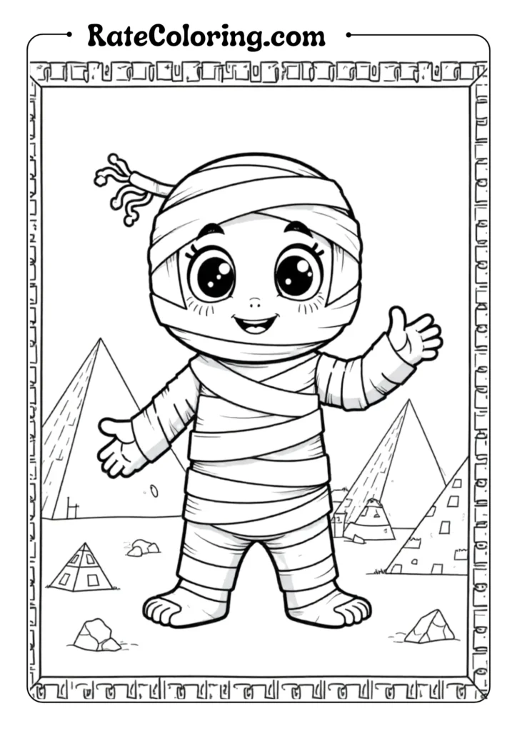 Design a cute mummy character with bandages wrapped around its body leaving gaps for large friendly eyes and a small smile
