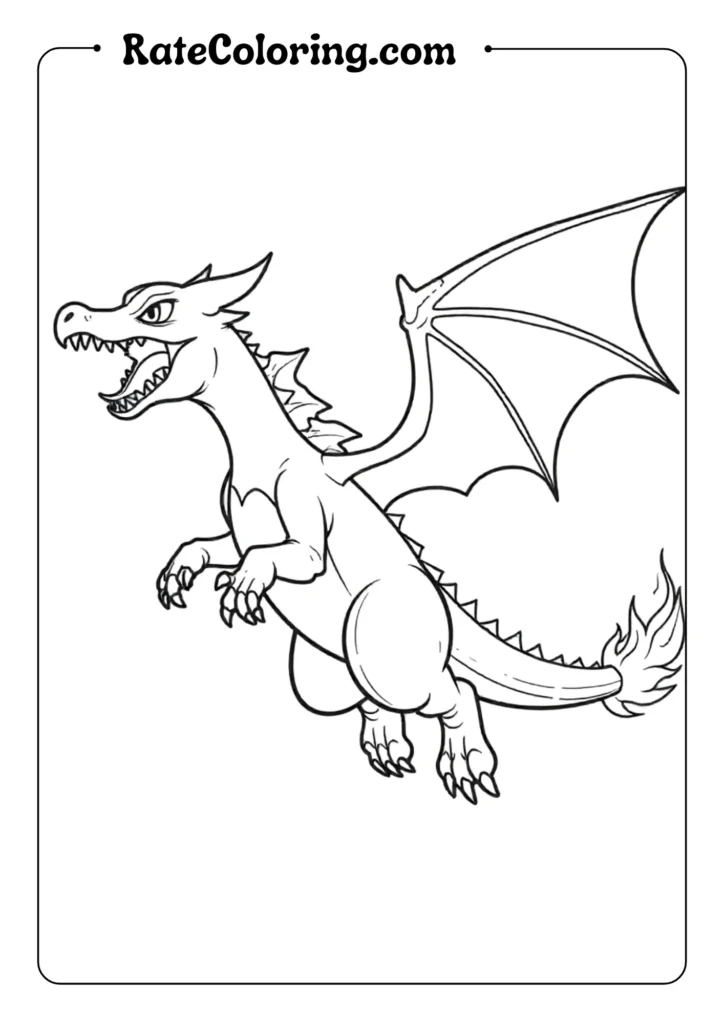 Design a dynamic outlined drawing of Charizard soaring through the air with wings fully spread
