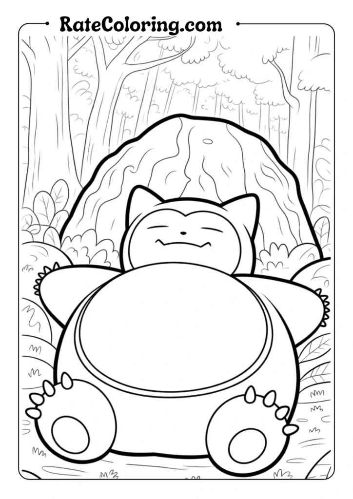 Design a peaceful outlined scene of Snorlax lying on its back in a sleeping position