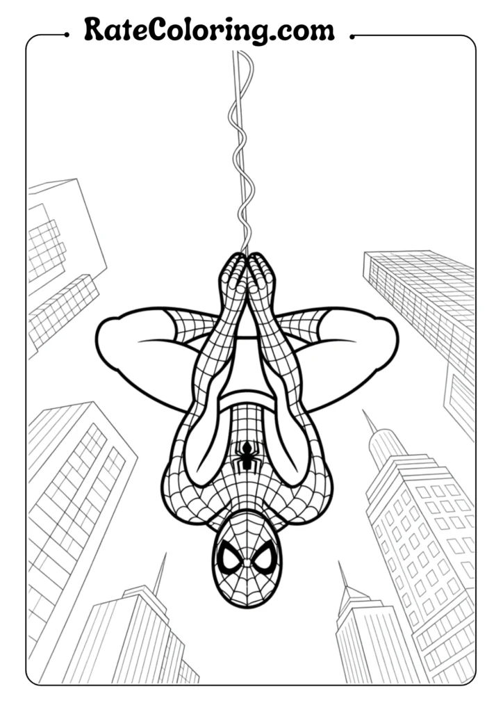 Draw Spiderman hanging upside down from a web strand
