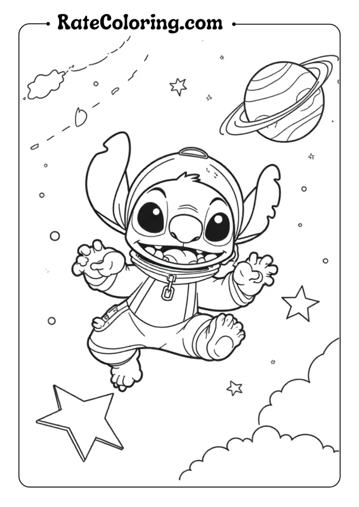 Draw Stitch floating in space wearing a small spacesuit or bubble helmet