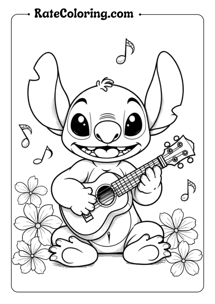 Draw Stitch sitting cross-legged while playing a ukulele