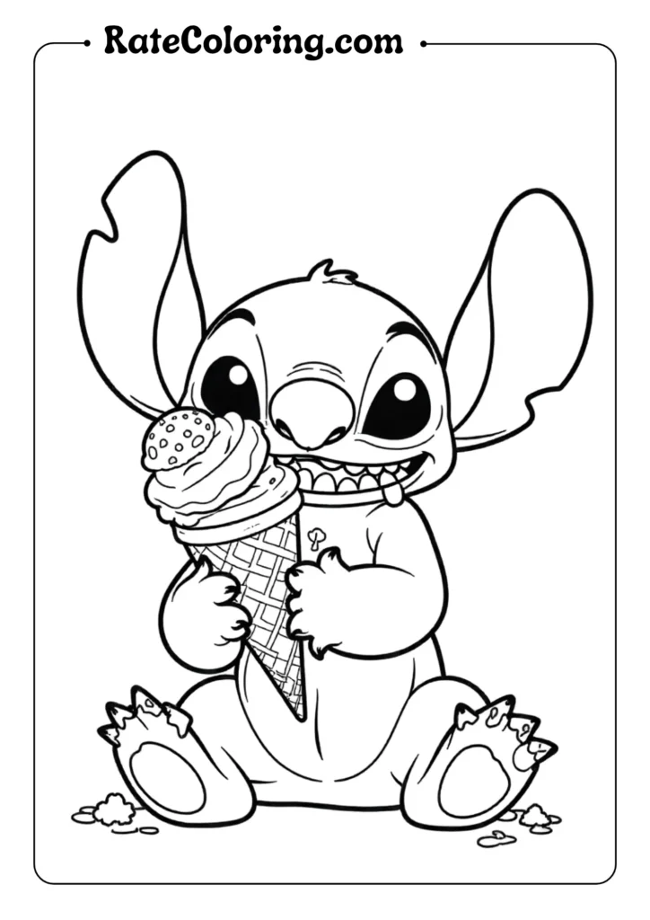 Draw Stitch with multiple ice cream cones stacked in his arms and one in his mouth