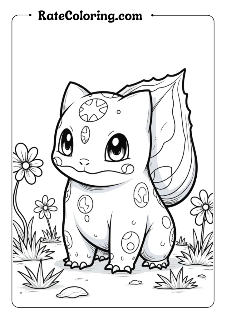 Illustrate Bulbasaur standing in a simple garden scene with the bulb on its back prominently featured showing leaf patterns