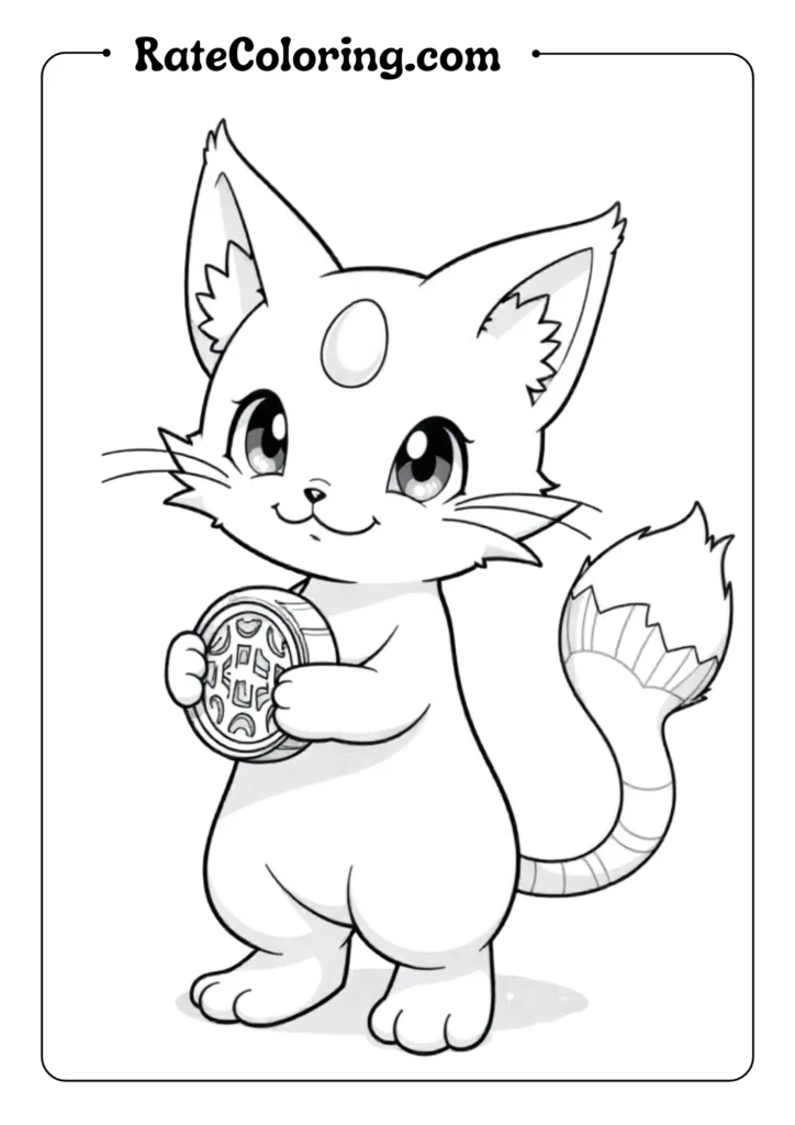 Illustrate Meowth standing upright holding its signature gold coin, oval charm on forehead clearly defined