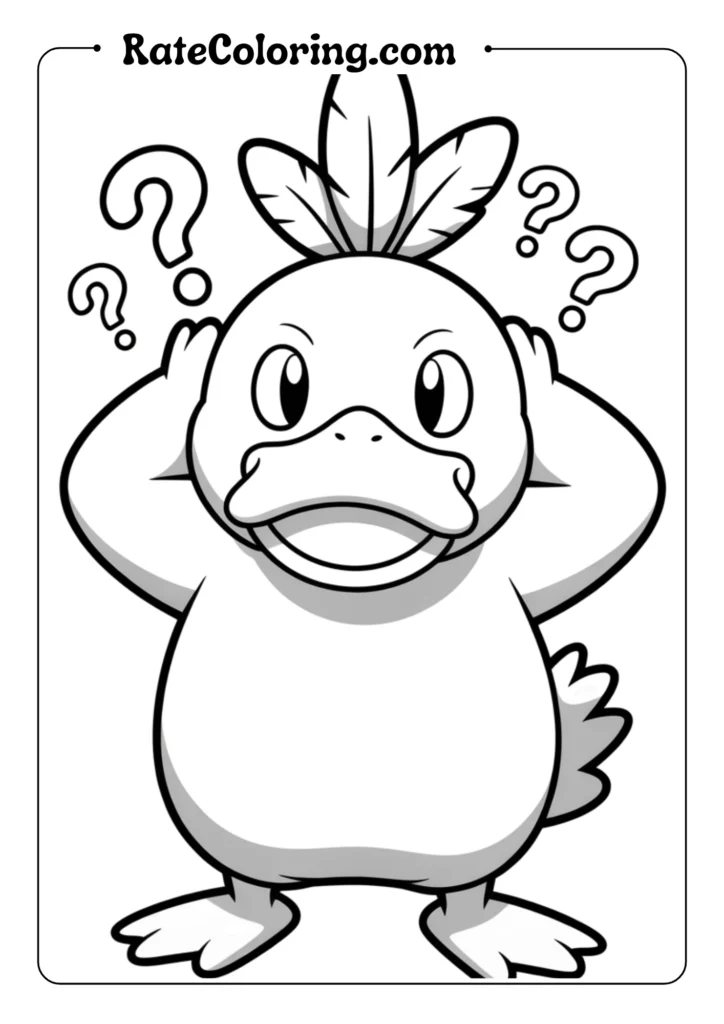 Illustrate Psyduck standing with hands on its head showing confusion