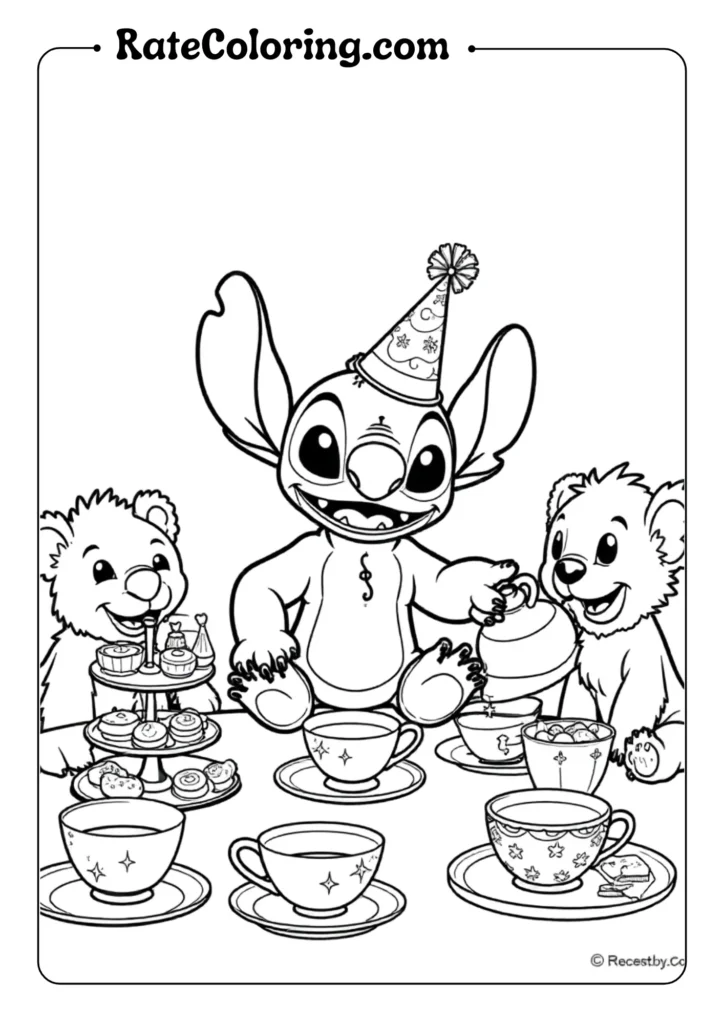 Illustrate Stitch hosting a tea party with various stuffed animals and toys arranged around a table