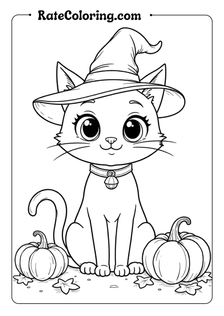 Illustrate a cute black cat with large expressive eyes