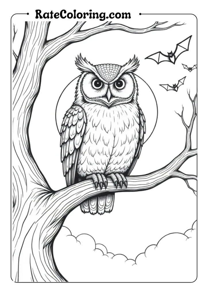 Illustrate a large owl with detailed feathers perched on a gnarled twisted tree branch