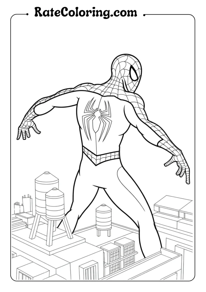 Show Spiderman from behind, looking over his shoulder at the viewer