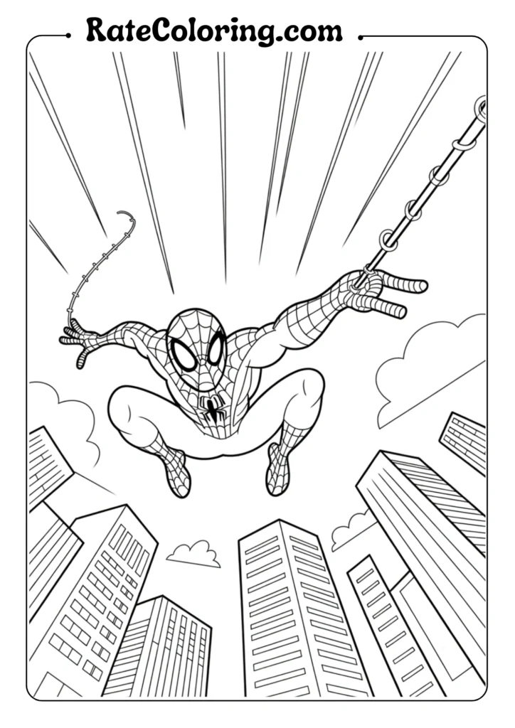 Draw Spiderman swinging through the city on a web strand that arcs across the page.