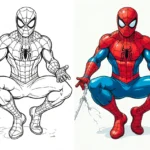 free printable spiderman coloring pages featuring SpiderMan in action pose with web shooters