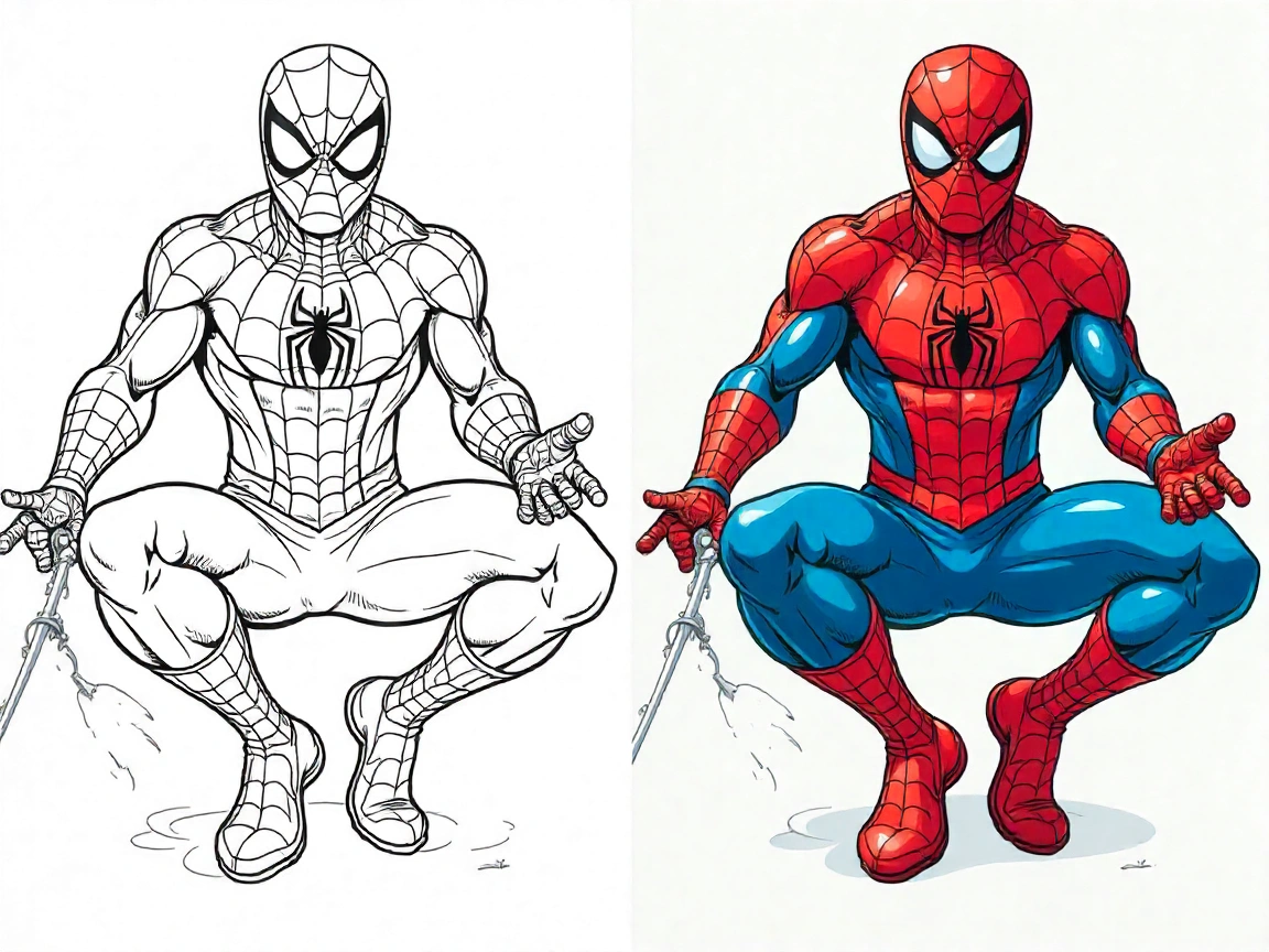 free printable spiderman coloring pages featuring SpiderMan in action pose with web shooters
