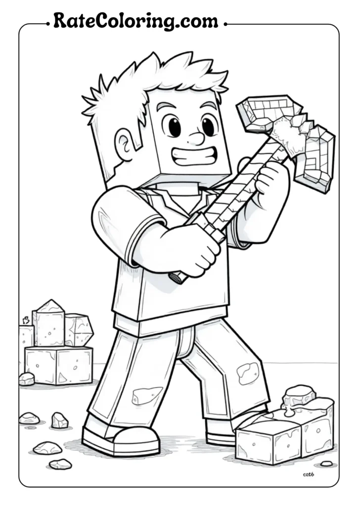 A cartoon character with a square head holds a large, blocky hammer and stands among broken cubes and scattered debris, inspired by minecraft coloring pages.