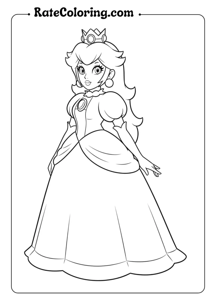 Coloring page featuring Princess Peach from the Mario series, designed for kids to enjoy and express their creativity