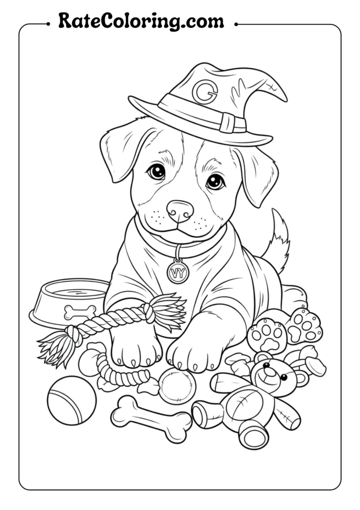 A cheerful coloring page showing a dog happily playing with his toys, inviting creativity and fun for all ages