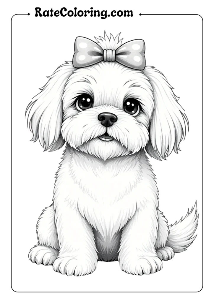 Adorable puppy wearing a bow, featured in a fun dog coloring pages for creativity