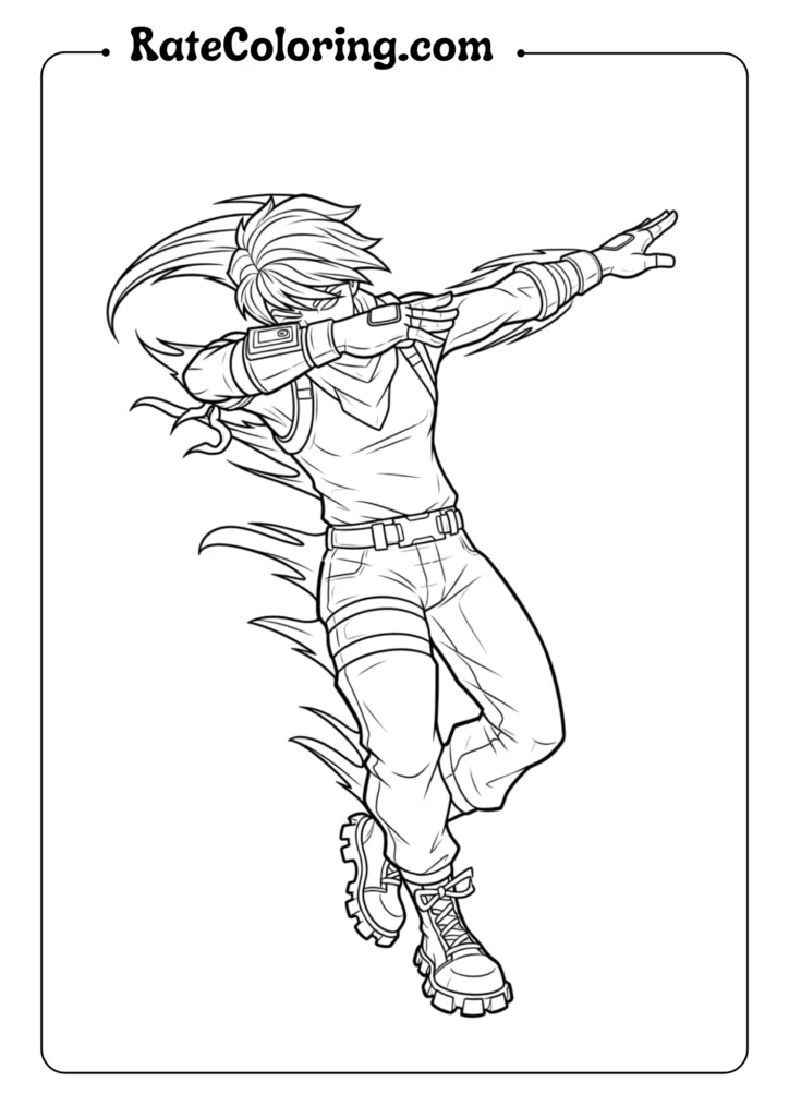 A Fortnite coloring page character performing the famous Floss dance with arms swinging to opposite sides.