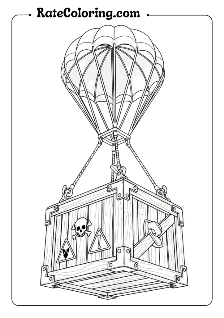 A fun Fortnite coloring page showcasing a hot air balloon alongside a crate, inviting creativity and imagination.