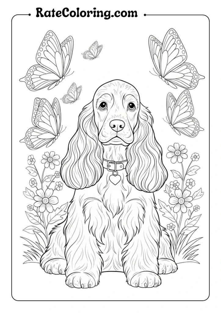 A delightful dog coloring pages adorned with butterflies and flowers, ideal for adding a splash of color and fun