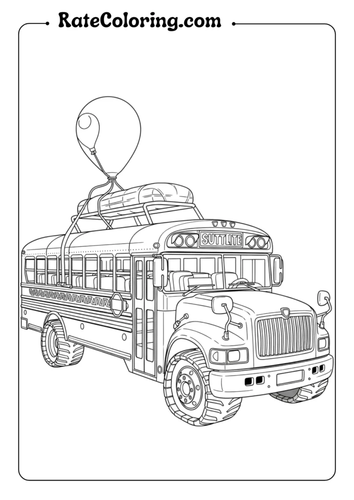 A vibrant Fortnite coloring page with a bus and a balloon, inviting creativity and imagination for young artists.