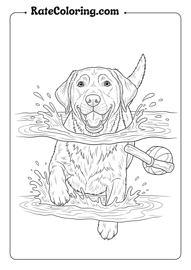 A coloring page featuring a dog joyfully swimming in the water, ready for creative coloring fun