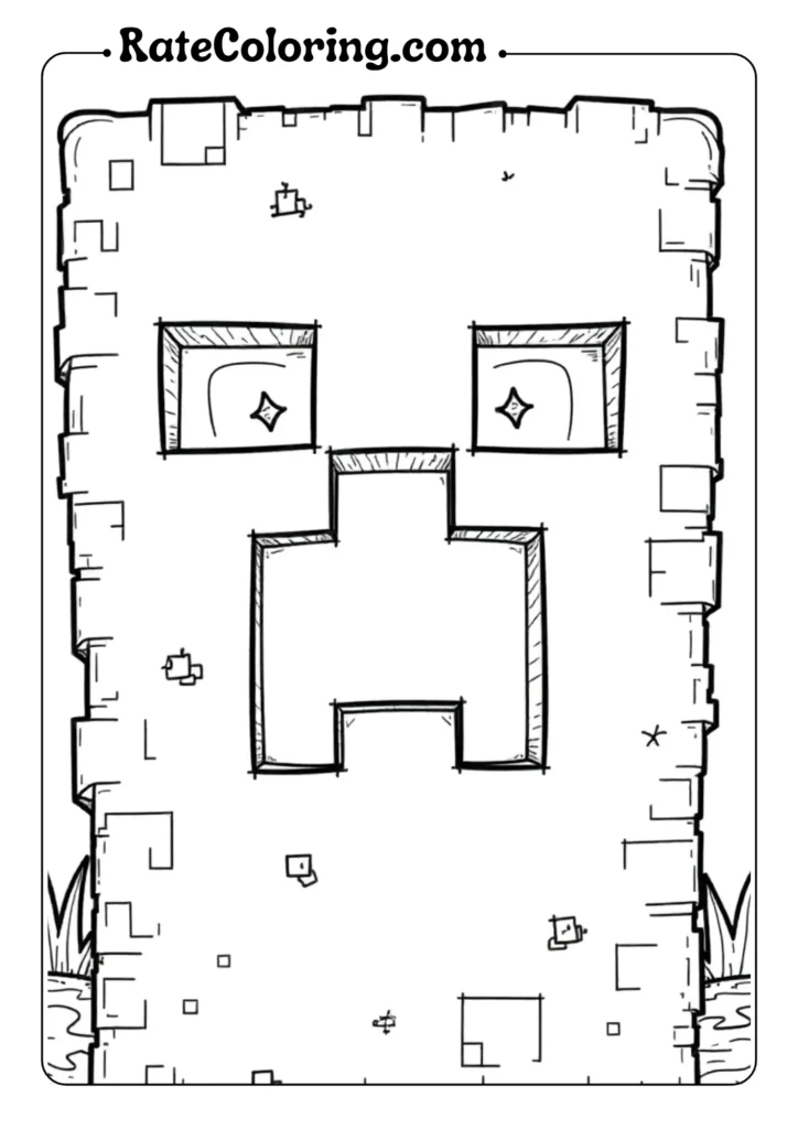 Black and white line drawing of a pixelated stone face resembling a Creeper from Minecraft, with square eyes and a rectangular mouth, set against a grassy background—perfect for Minecraft coloring pages.